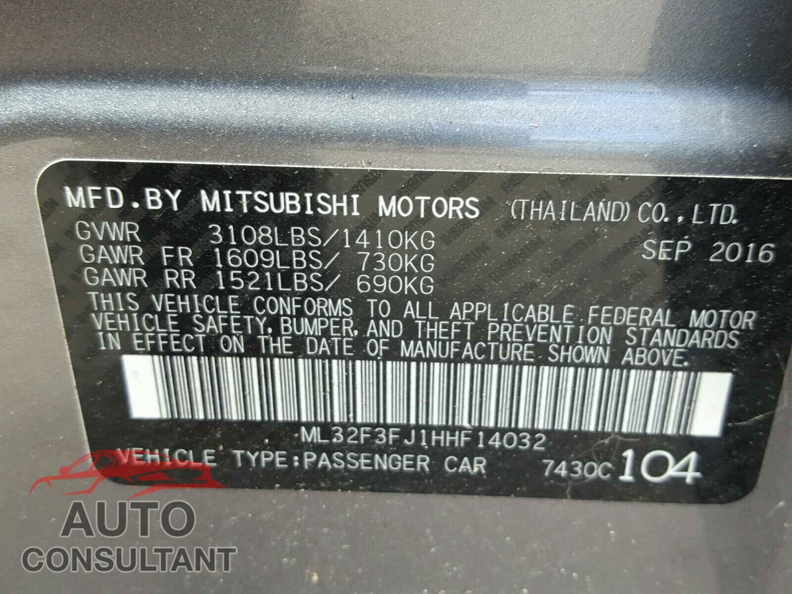 MITSUBISHI MIRAGE 2017 - ML32F3FJ1HHF14032