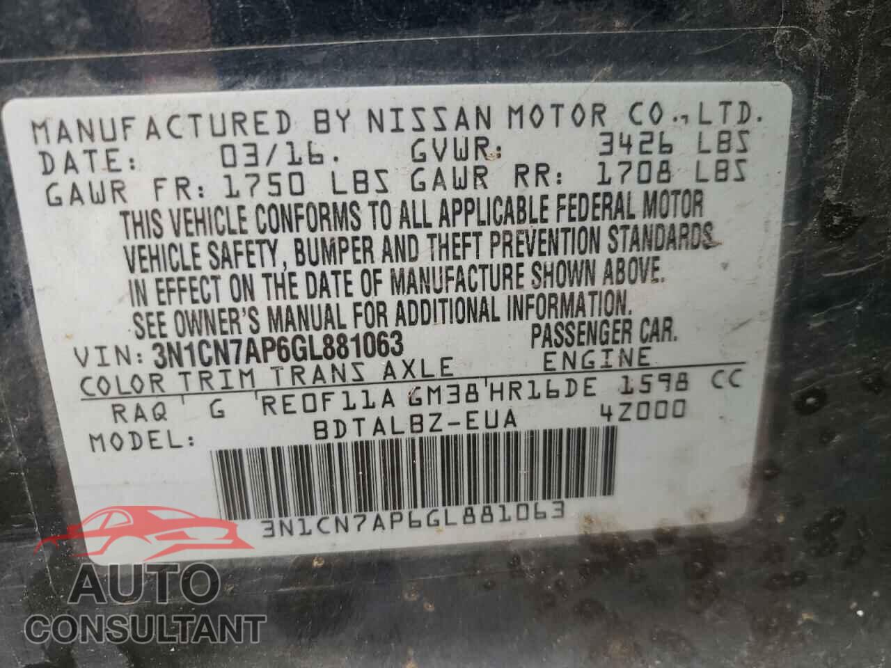 NISSAN VERSA 2016 - 3N1CN7AP6GL881063