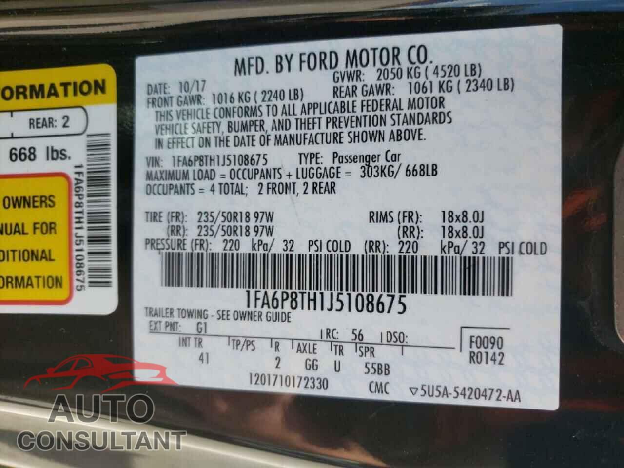 FORD MUSTANG 2018 - 1FA6P8TH1J5108675