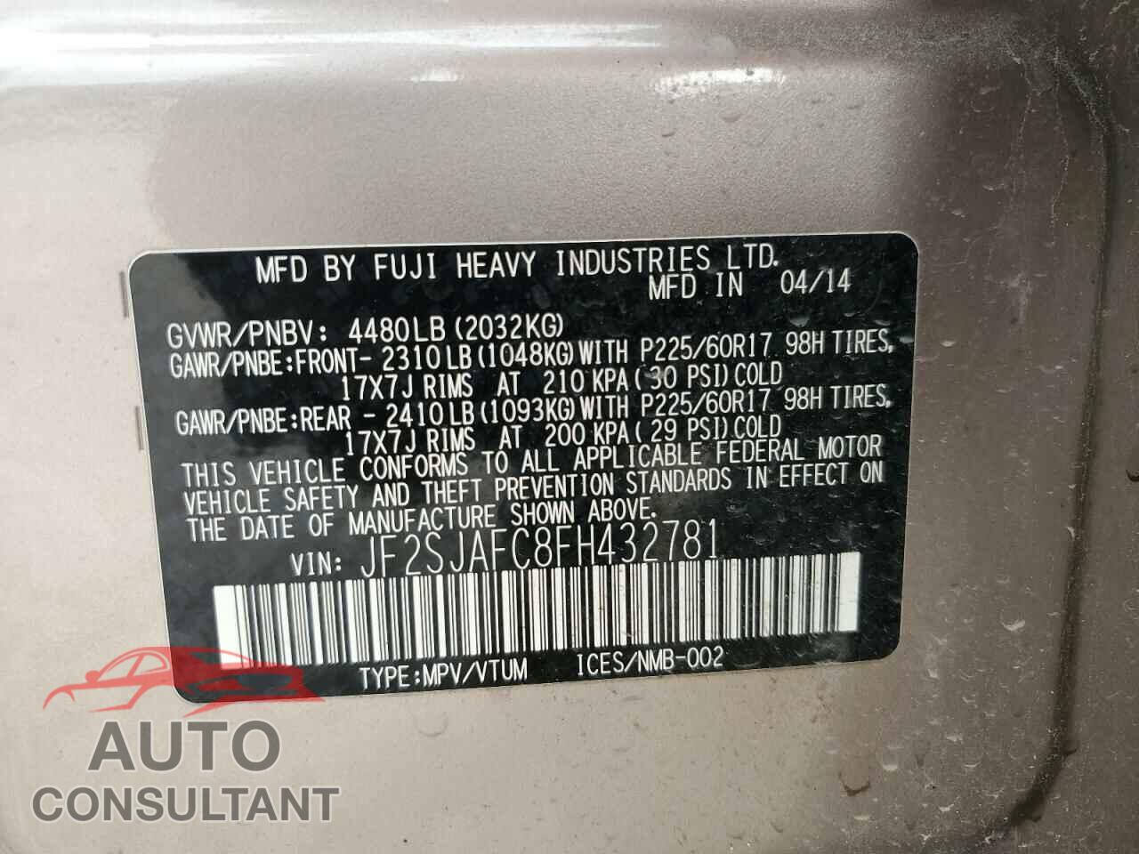 SUBARU FORESTER 2015 - JF2SJAFC8FH432781
