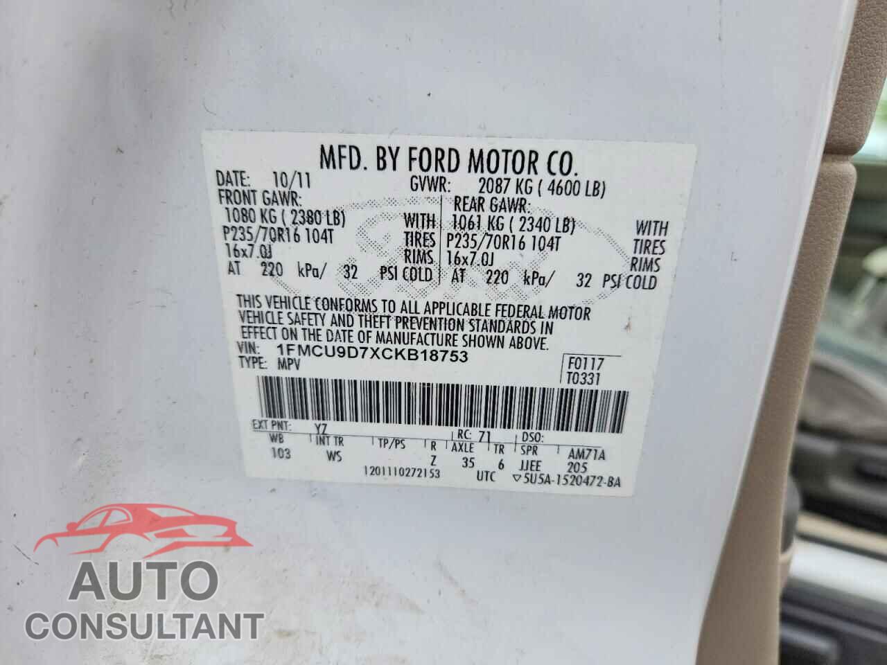 FORD ESCAPE 2012 - 1FMCU9D7XCKB18753