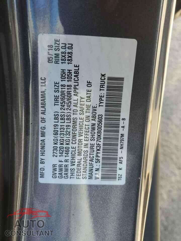 HONDA RIDGELINE 2019 - 5FPYK3F70KB005603