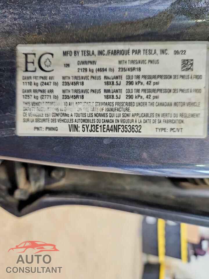 TESLA MODEL 3 2022 - 5YJ3E1EA4NF353632