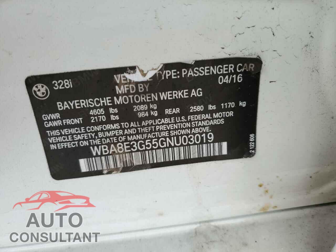 BMW 3 SERIES 2016 - WBA8E3G55GNU03019