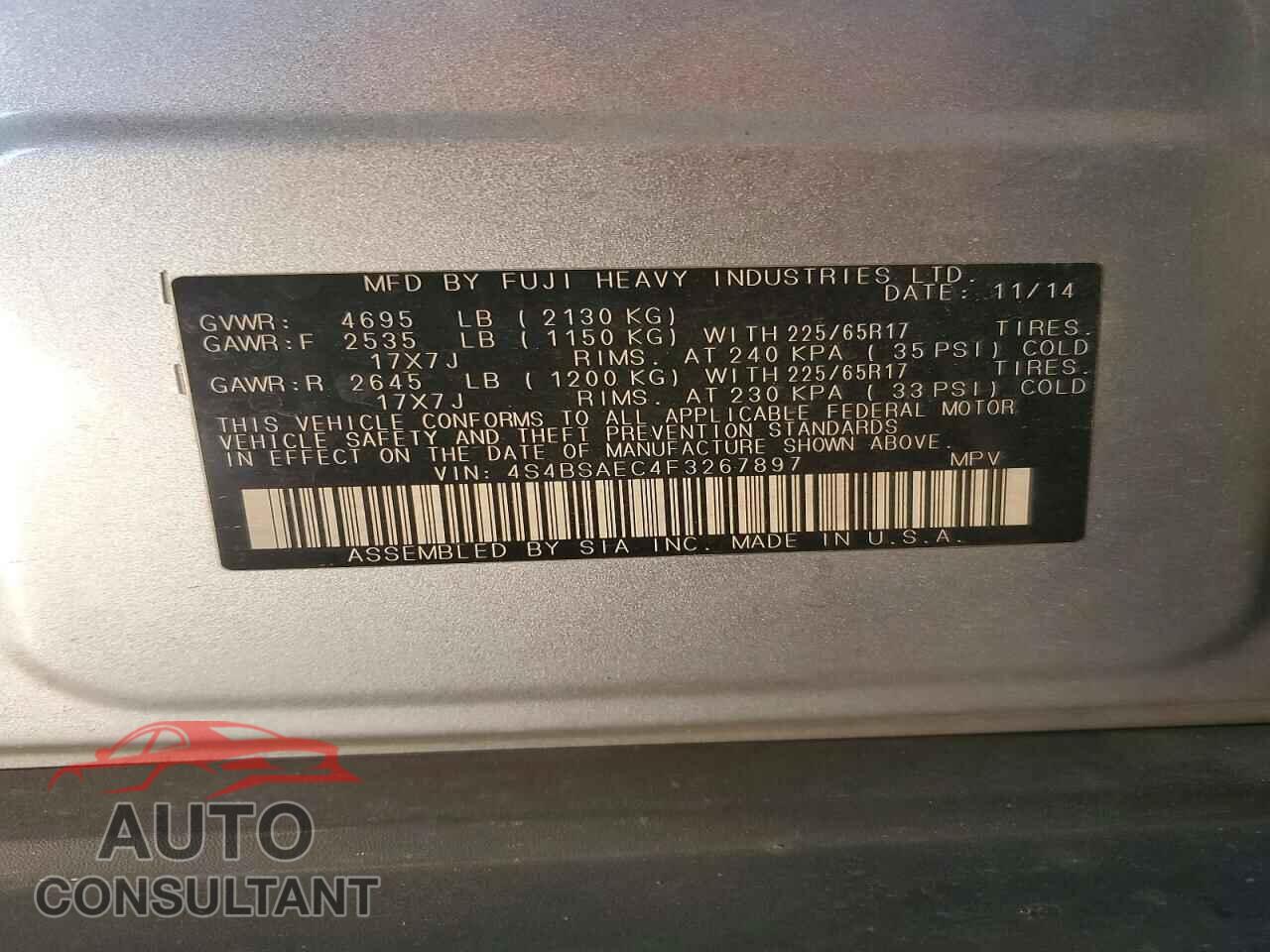 SUBARU OUTBACK 2015 - 4S4BSAEC4F3267897