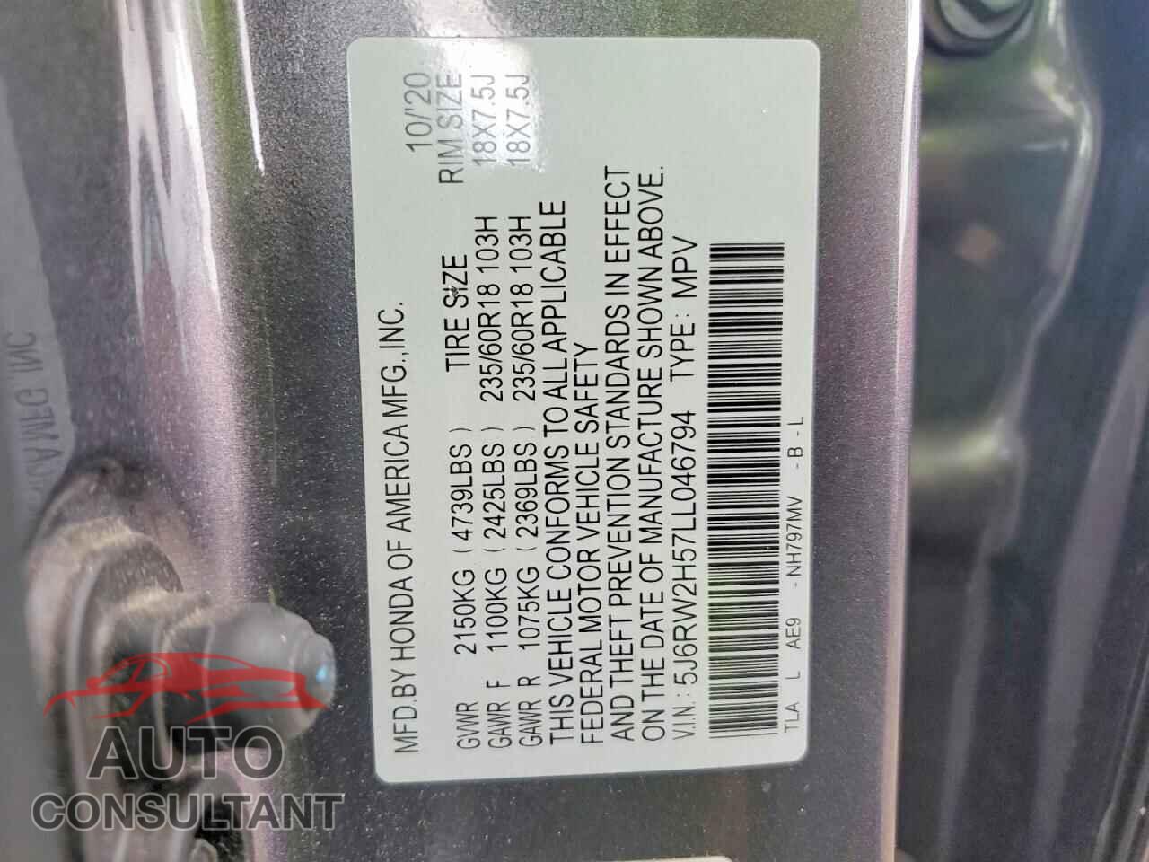 HONDA CRV 2020 - 5J6RW2H57LL046794