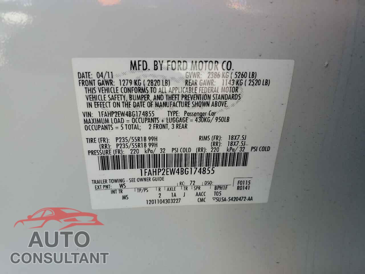 FORD TAURUS 2011 - 1FAHP2EW4BG174855
