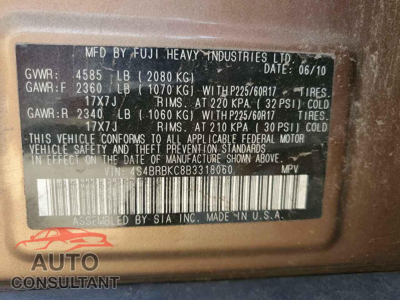 SUBARU OUTBACK 2011 - 4S4BRBKC8B3318060