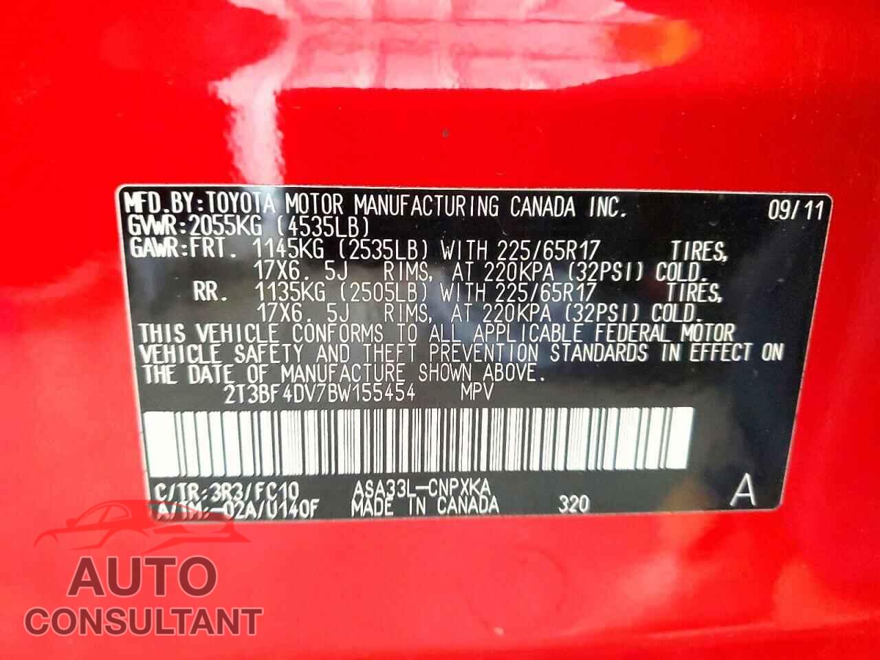 TOYOTA RAV4 2011 - 2T3BF4DV7BW155454