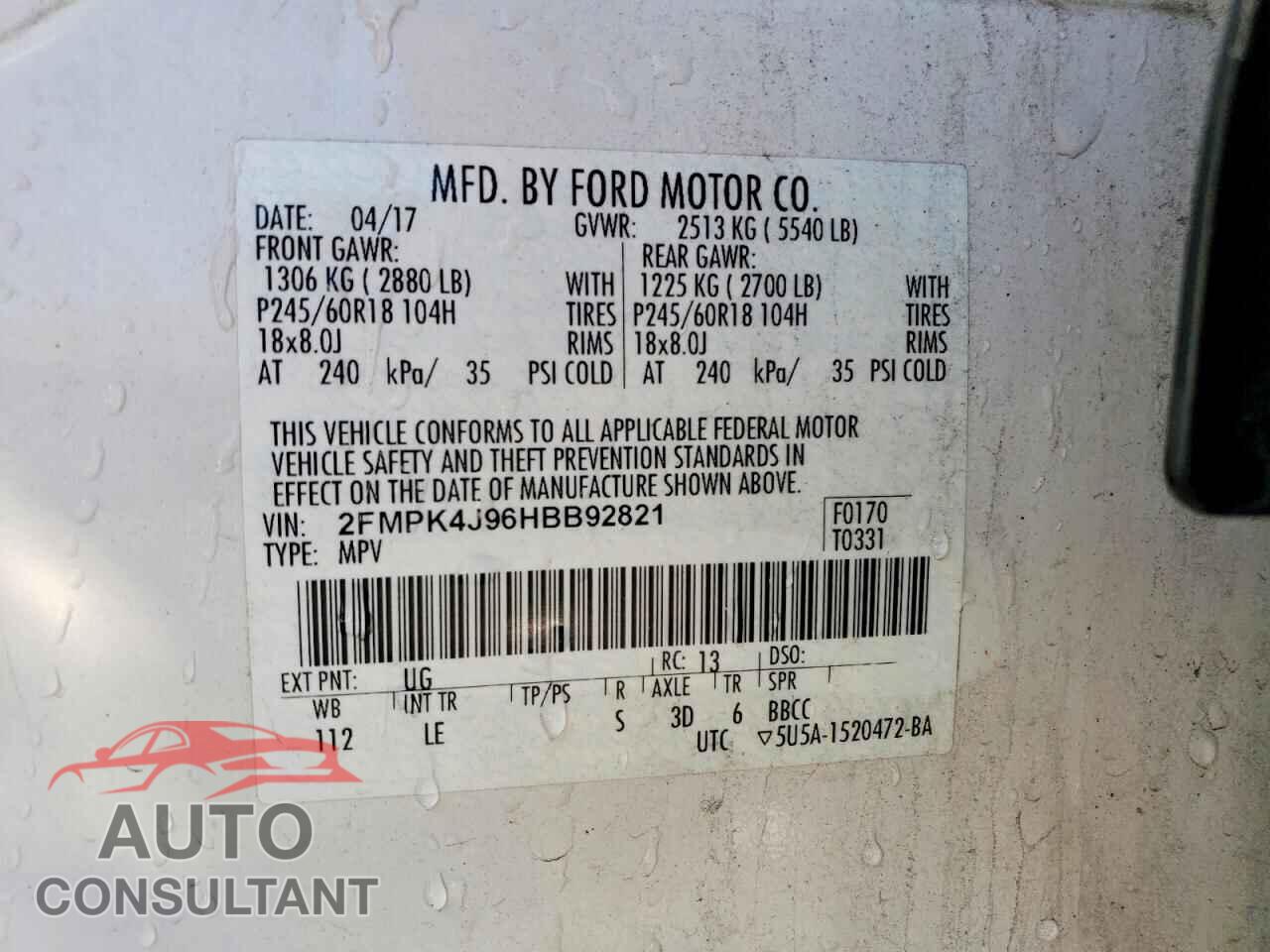 FORD EDGE 2017 - 2FMPK4J96HBB92821