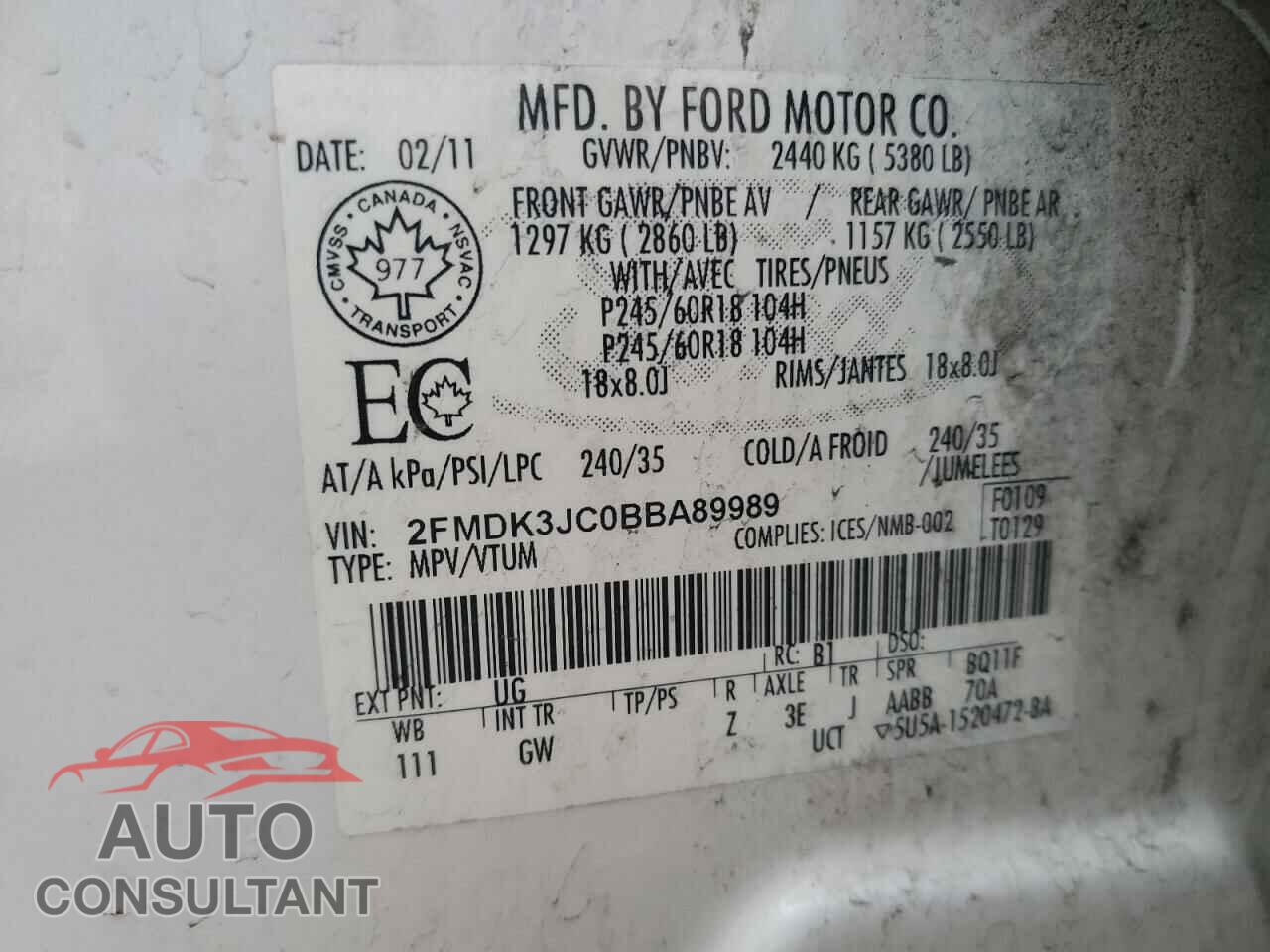 FORD EDGE 2011 - 2FMDK3JC0BBA89989