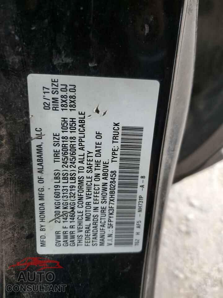 HONDA RIDGELINE 2017 - 5FPYK3F7XHB028458