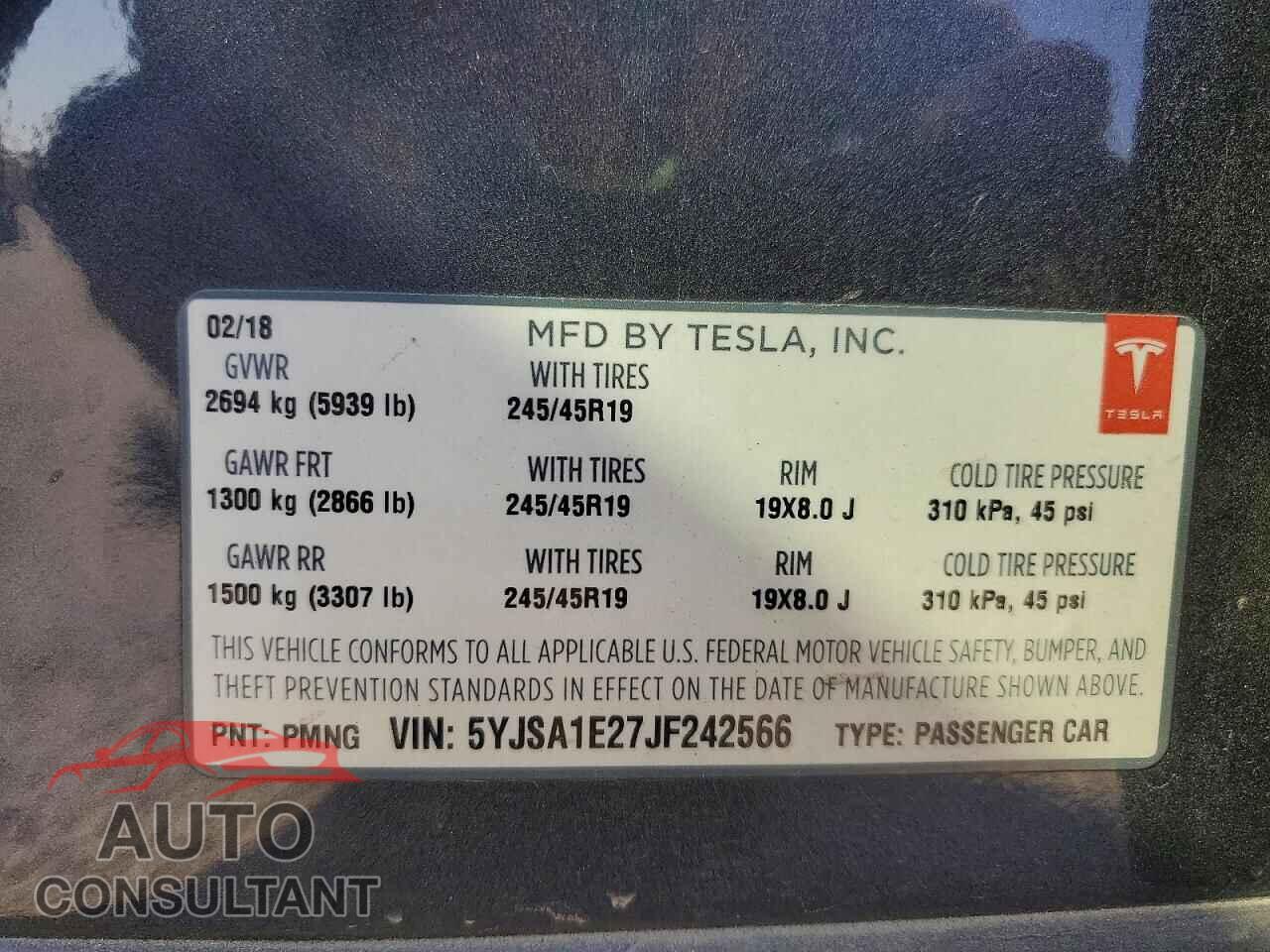 TESLA MODEL S 2018 - 5YJSA1E27JF242566
