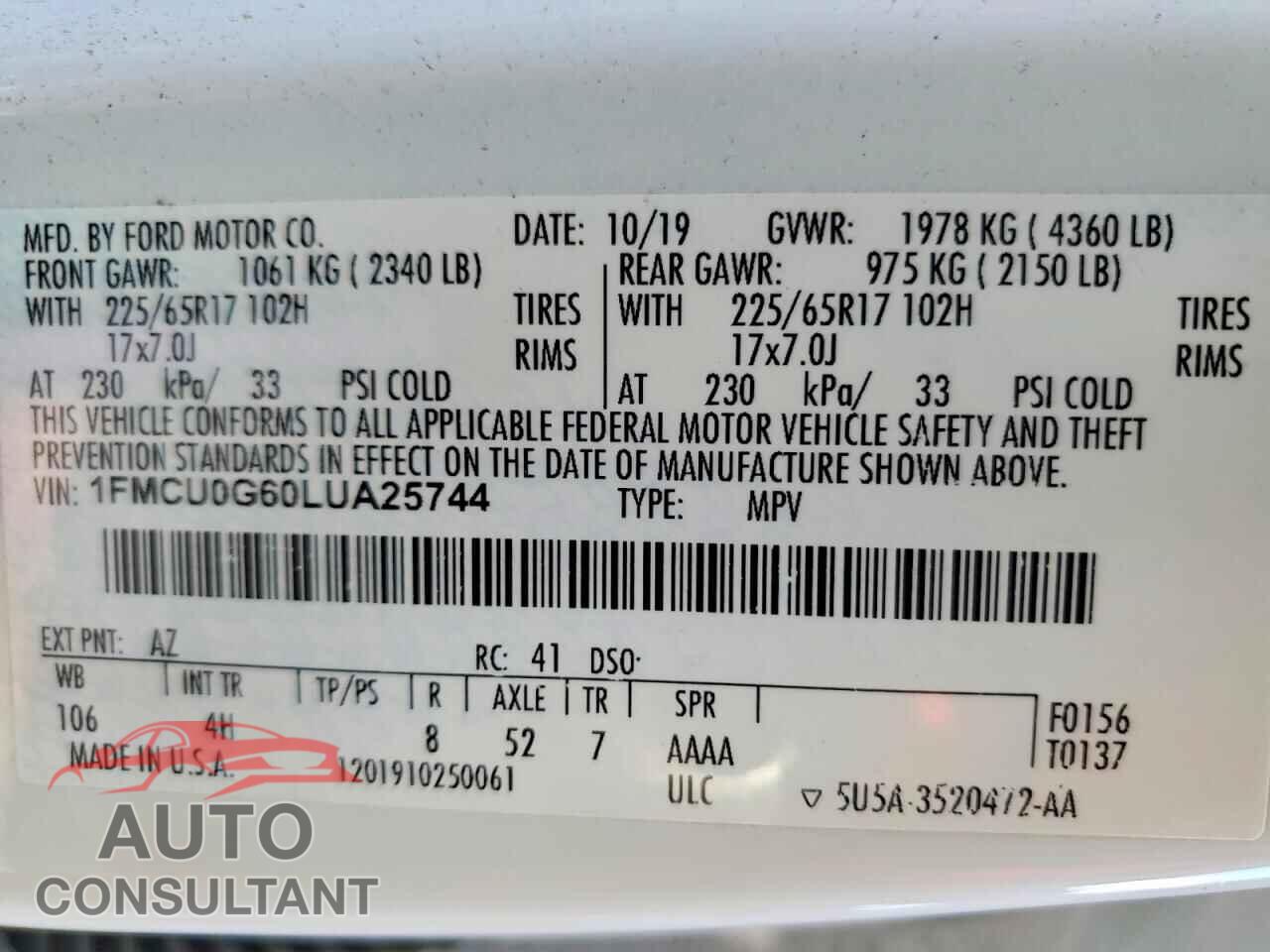 FORD ESCAPE 2020 - 1FMCU0G60LUA25744