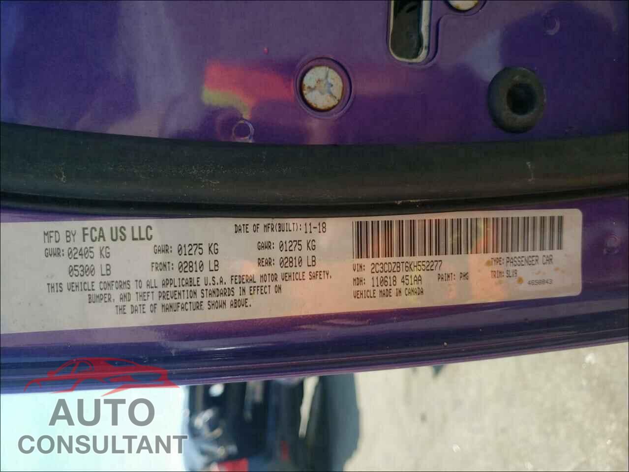 DODGE CHALLENGER 2019 - 2C3CDZBT6KH552277