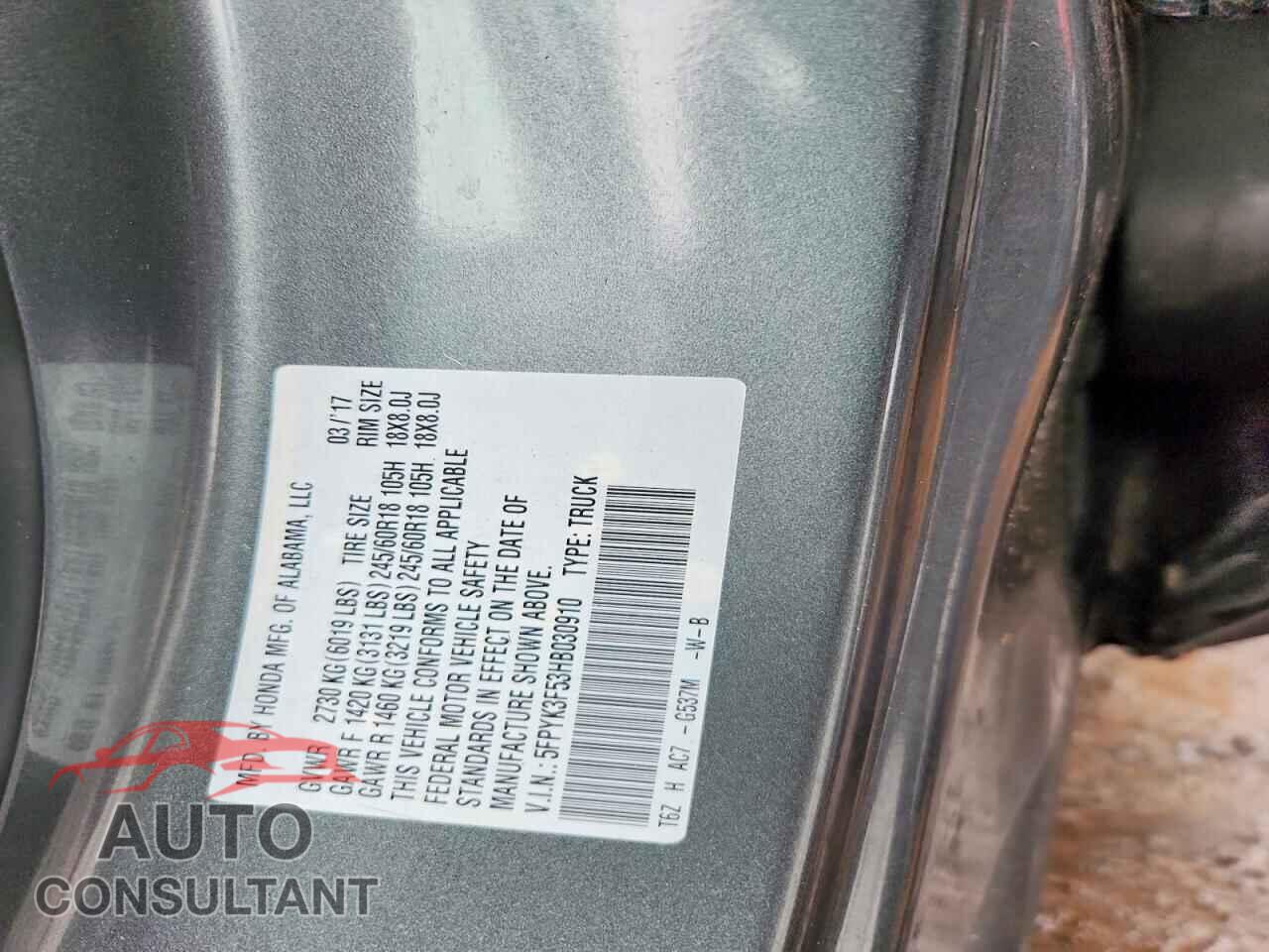 HONDA RIDGELINE 2017 - 5FPYK3F53HB030910