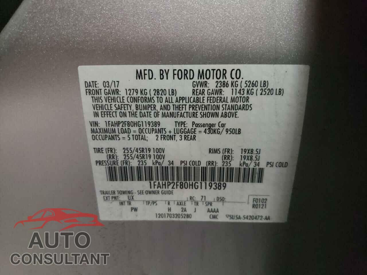 FORD TAURUS 2017 - 1FAHP2F80HG119389