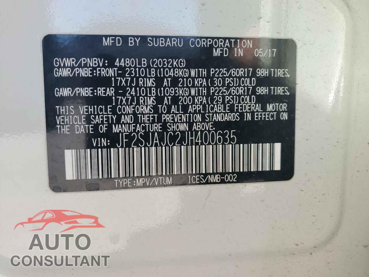 SUBARU FORESTER 2018 - JF2SJAJC2JH400635