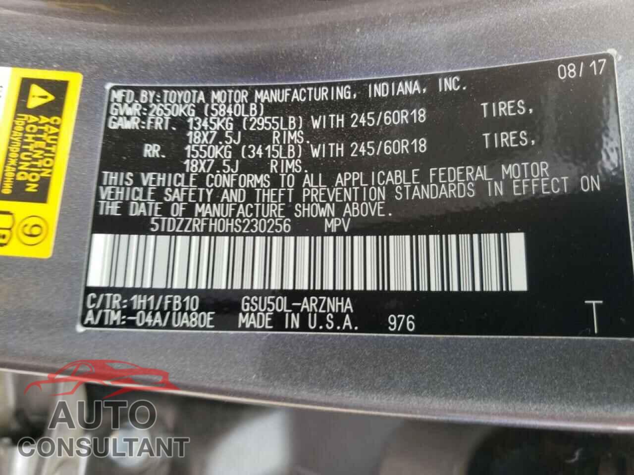 TOYOTA HIGHLANDER 2017 - 5TDZZRFH0HS230256