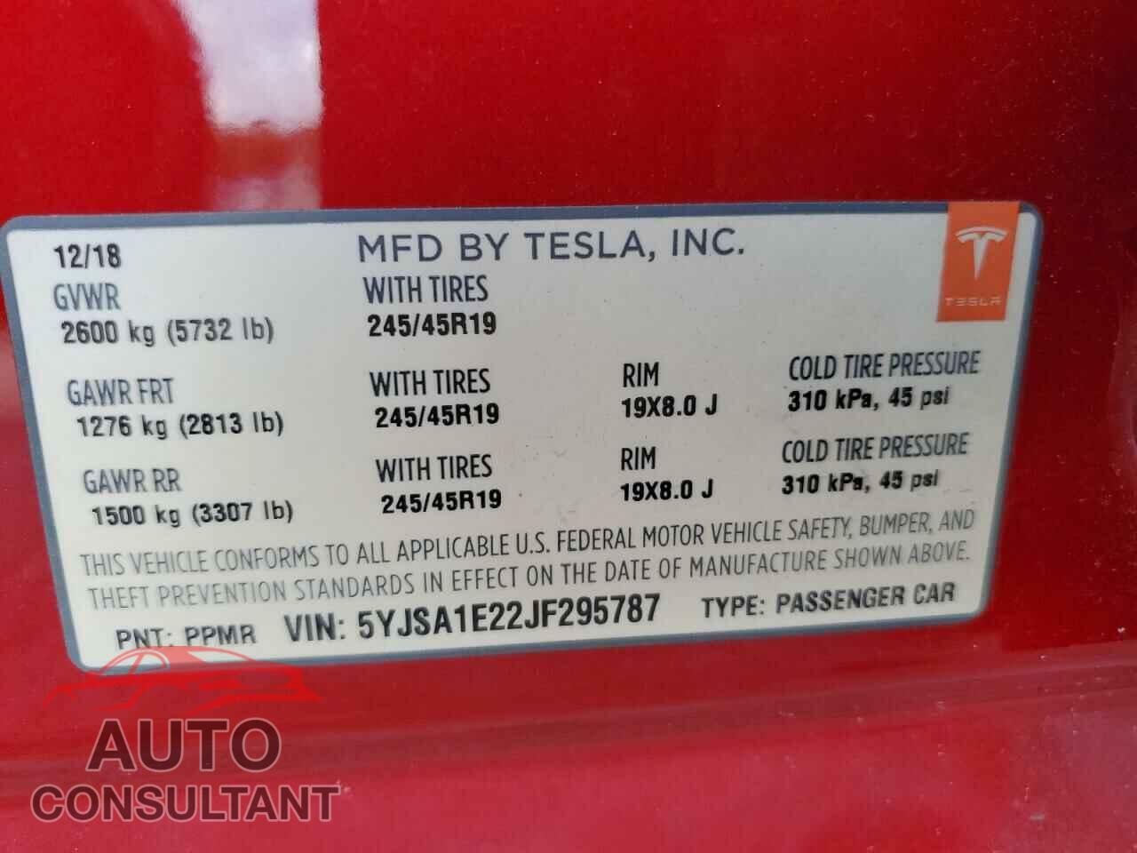TESLA MODEL S 2018 - 5YJSA1E22JF295787