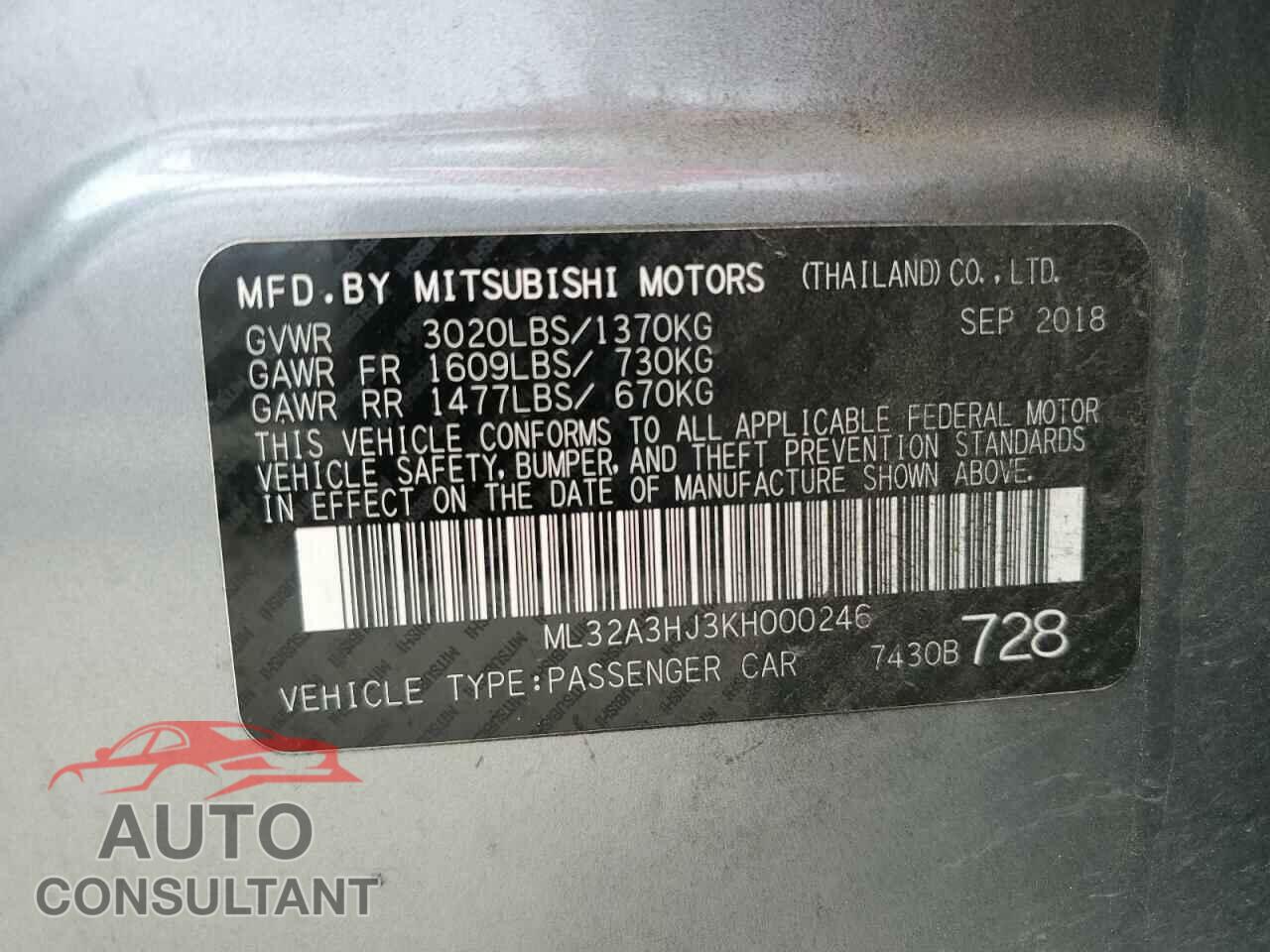 MITSUBISHI MIRAGE 2019 - ML32A3HJ3KH000246