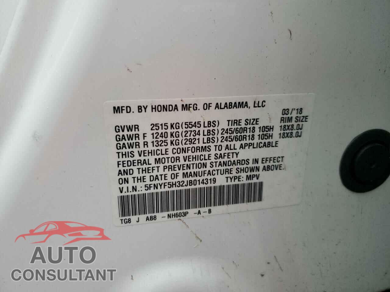 HONDA PILOT 2018 - 5FNYF5H32JB014319