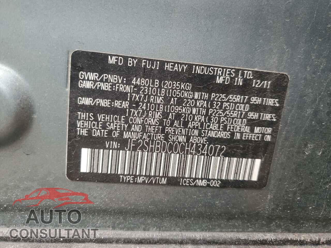 SUBARU FORESTER 2012 - JF2SHBDC0CH434072