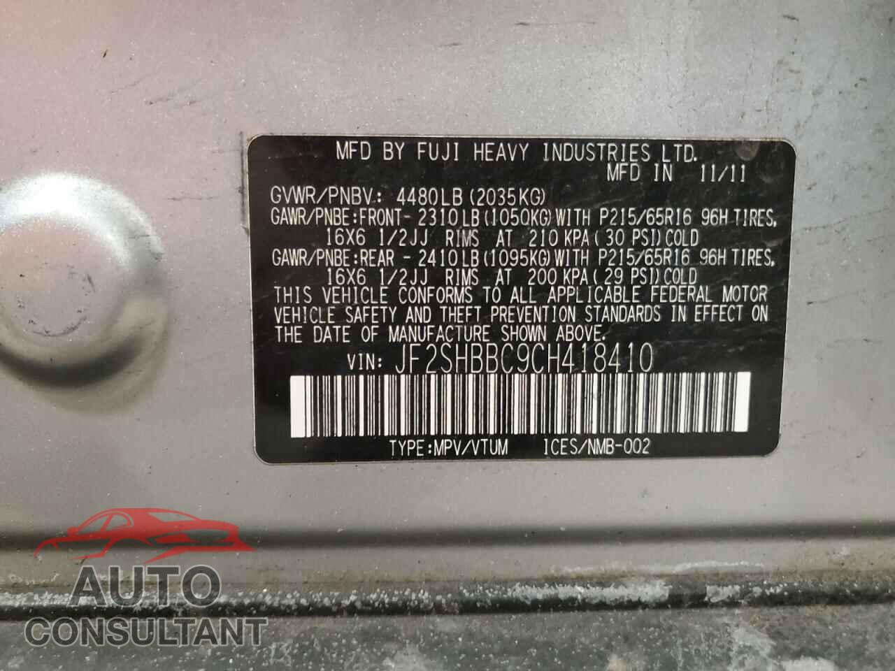 SUBARU FORESTER 2012 - JF2SHBBC9CH418410
