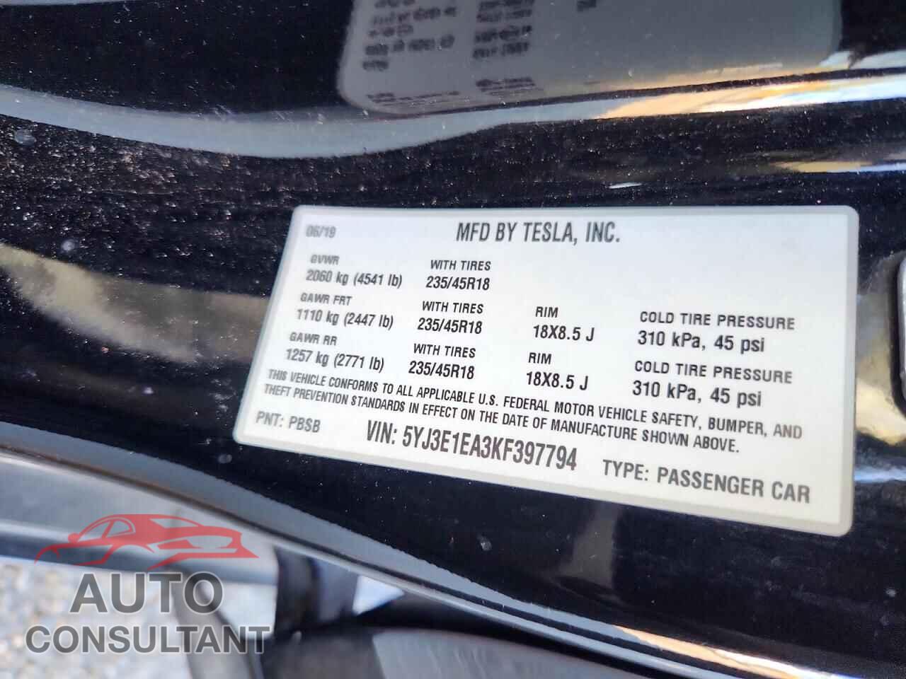 TESLA MODEL 3 2019 - 5YJ3E1EA3KF397794