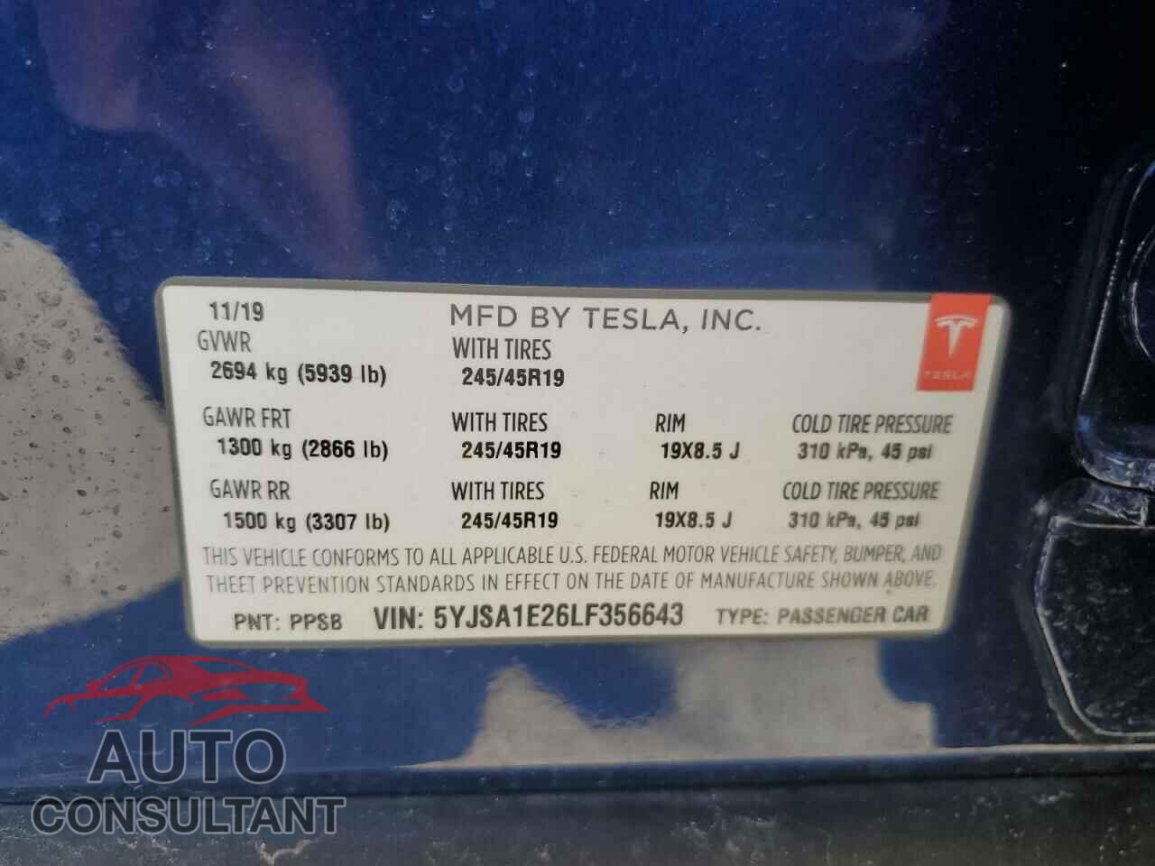 TESLA MODEL S 2020 - 5YJSA1E26LF356643