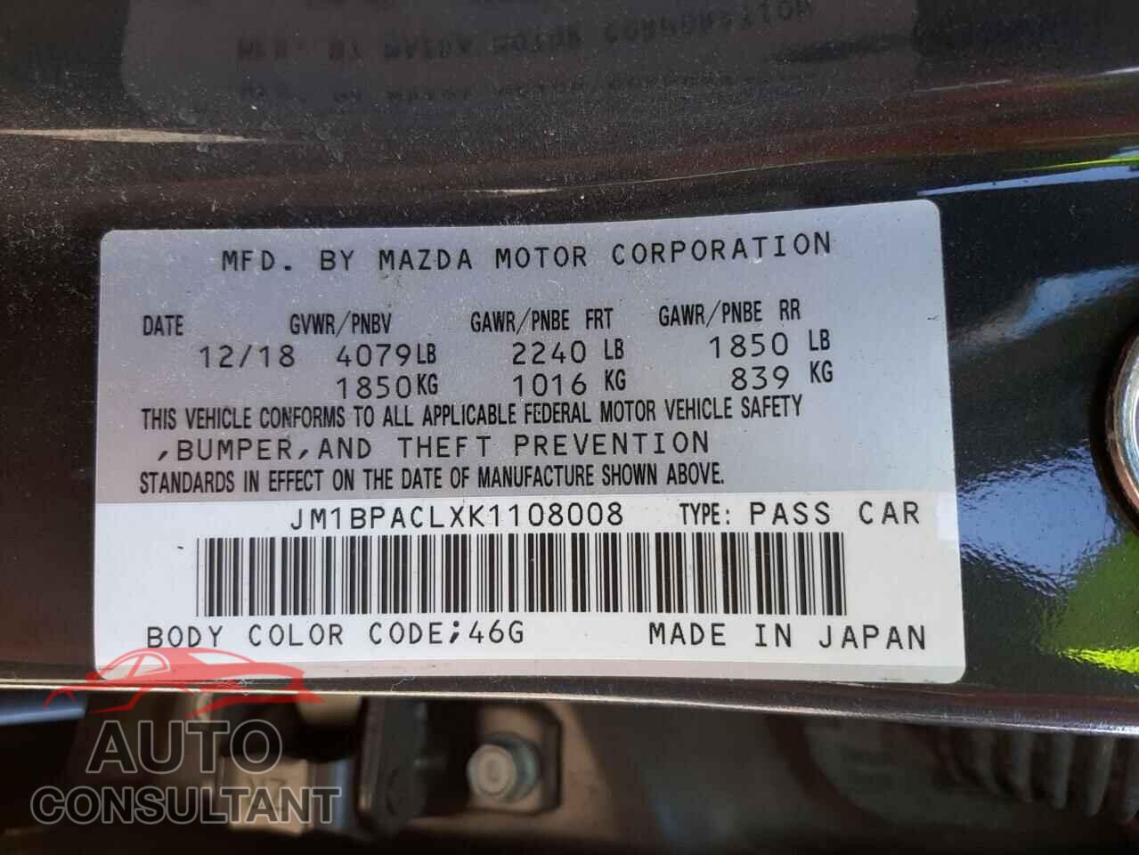 MAZDA 3 2019 - JM1BPACLXK1108008