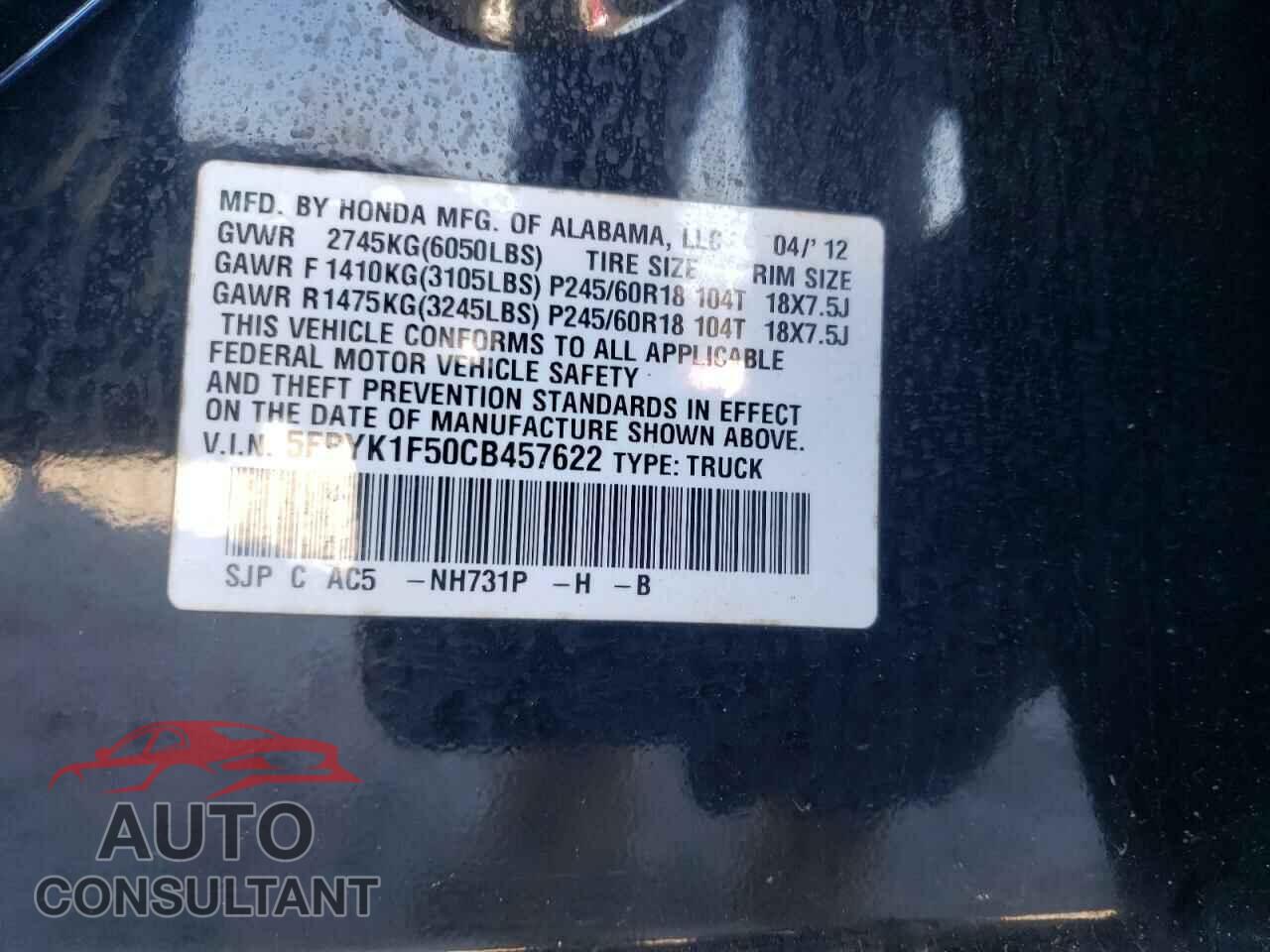 HONDA RIDGELINE 2012 - 5FPYK1F50CB457622