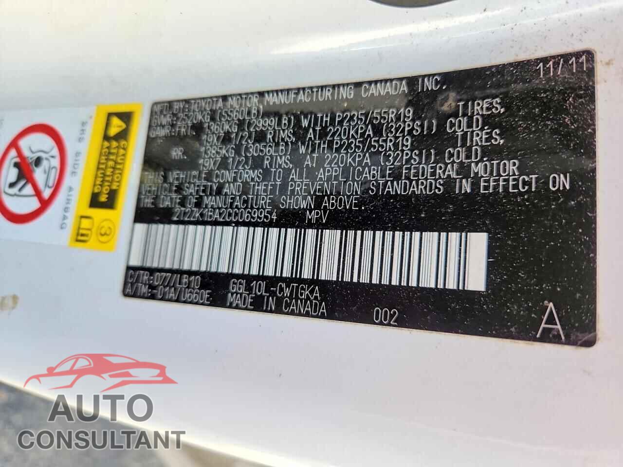 LEXUS RX350 2012 - 2T2ZK1BA2CC069954