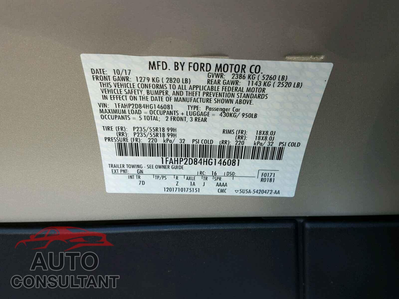 FORD TAURUS 2017 - 1FAHP2D84HG146081