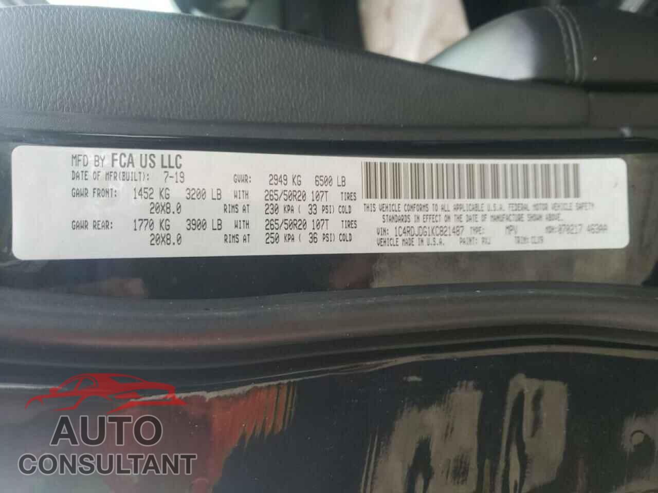 DODGE DURANGO 2019 - 1C4RDJDG1KC821487
