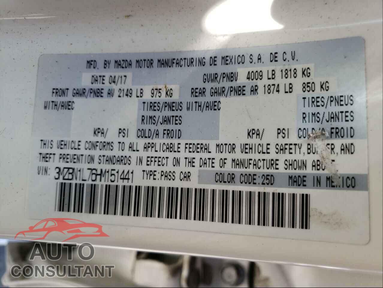 MAZDA 3 2017 - 3MZBN1L76HM151441