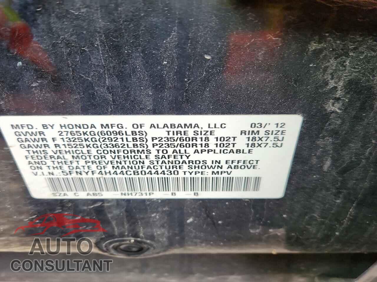 HONDA PILOT 2012 - 5FNYF4H44CB044430