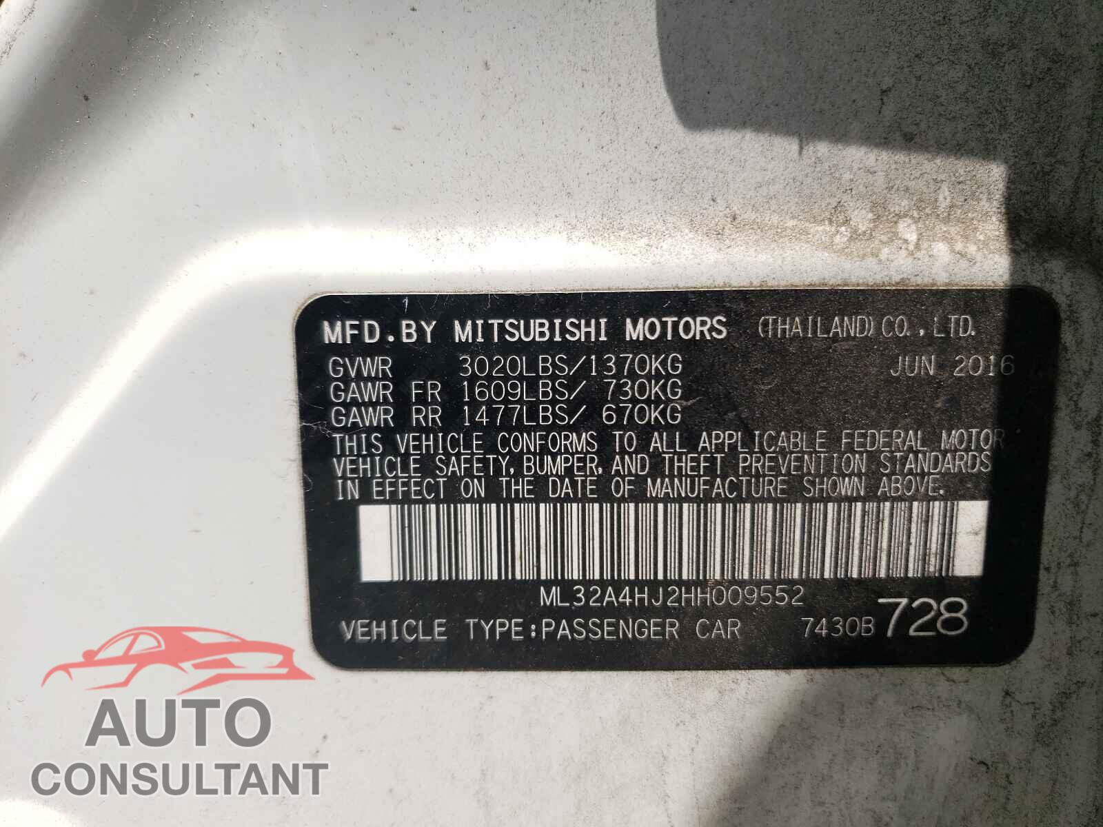 MITSUBISHI MIRAGE 2017 - ML32A4HJ2HH009552