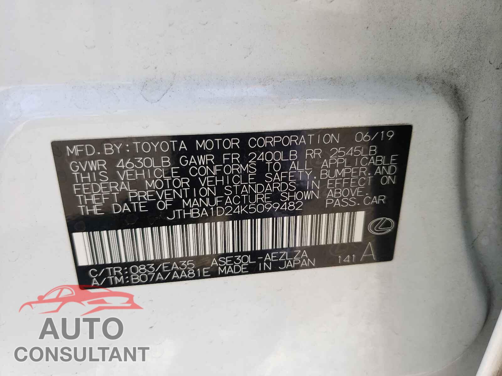 LEXUS IS 2019 - JTHBA1D24K5099482