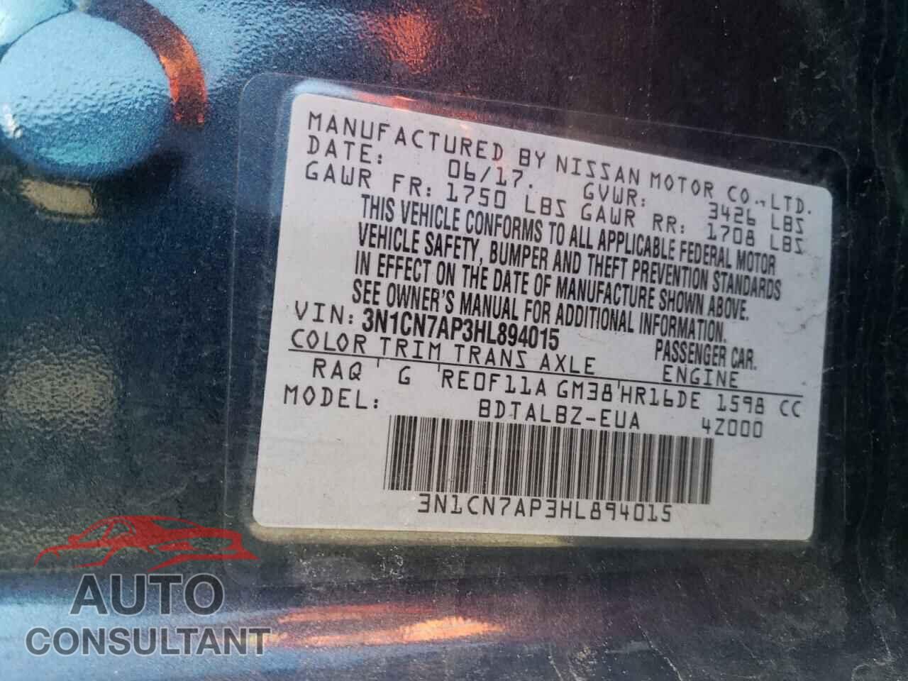 NISSAN VERSA 2017 - 3N1CN7AP3HL894015