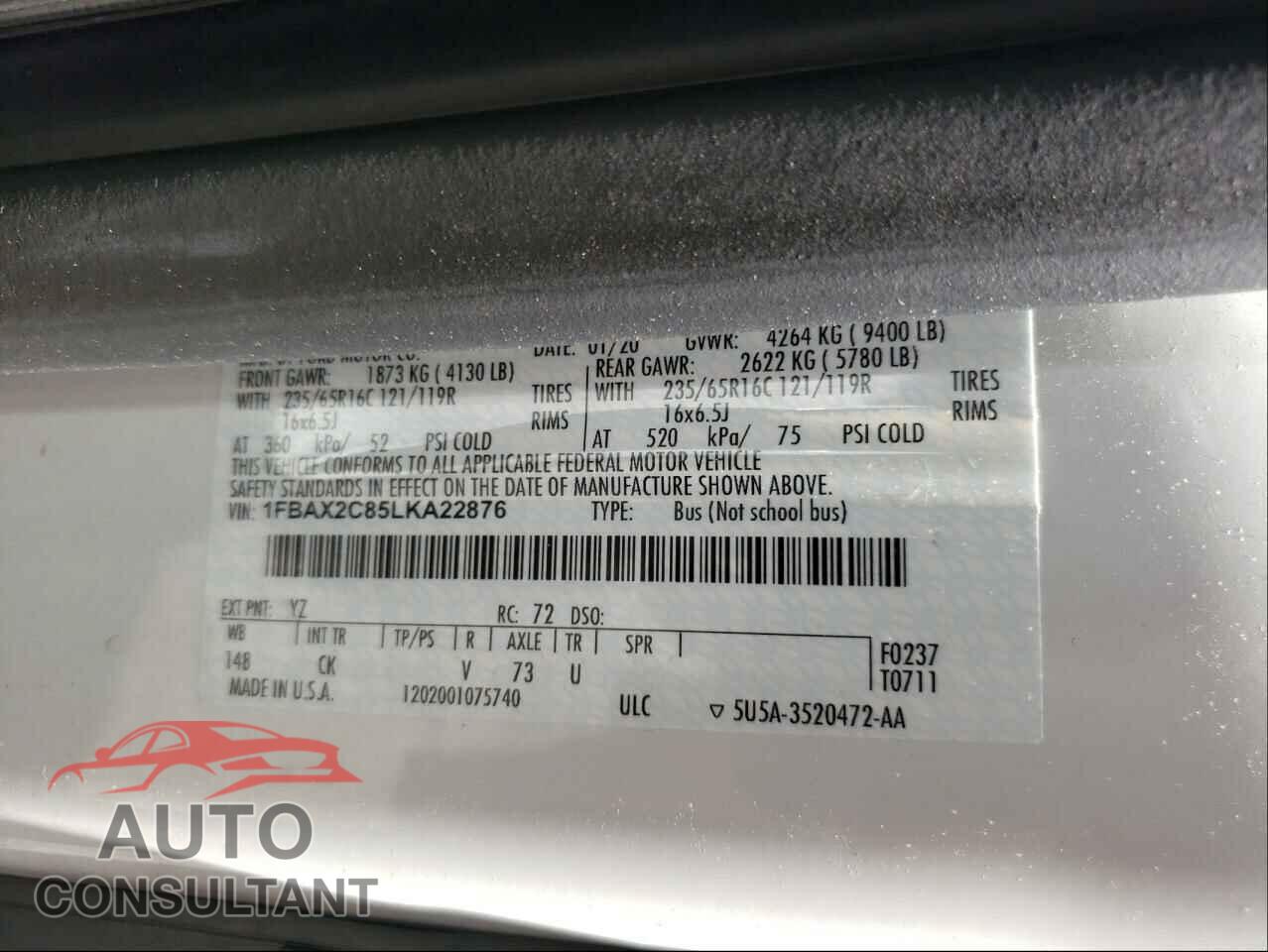FORD TRANSIT CO 2020 - 1FBAX2C85LKA22876