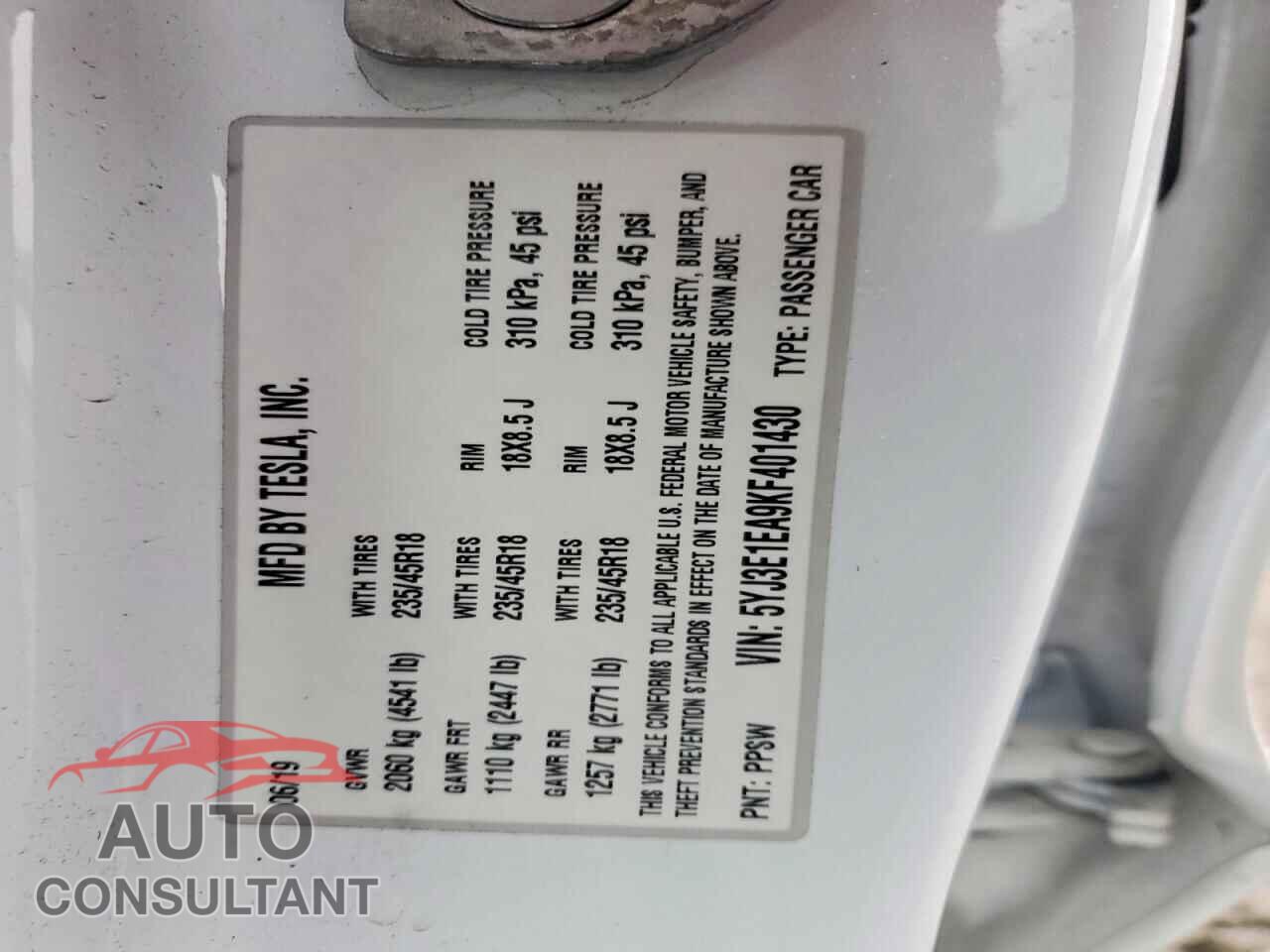 TESLA MODEL 3 2019 - 5YJ3E1EA9KF401430