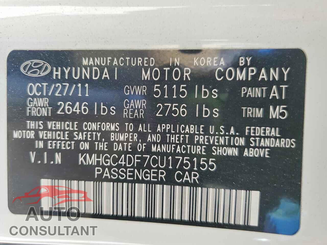 HYUNDAI GENESIS 2012 - KMHGC4DF7CU175155