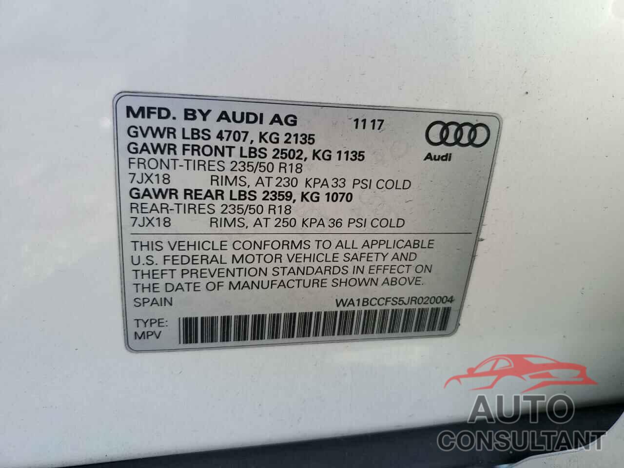 AUDI Q3 2018 - WA1BCCFS5JR020004