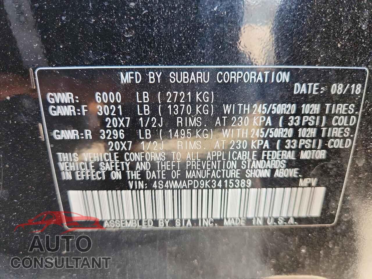SUBARU ASCENT 2019 - 4S4WMAPD9K3415389