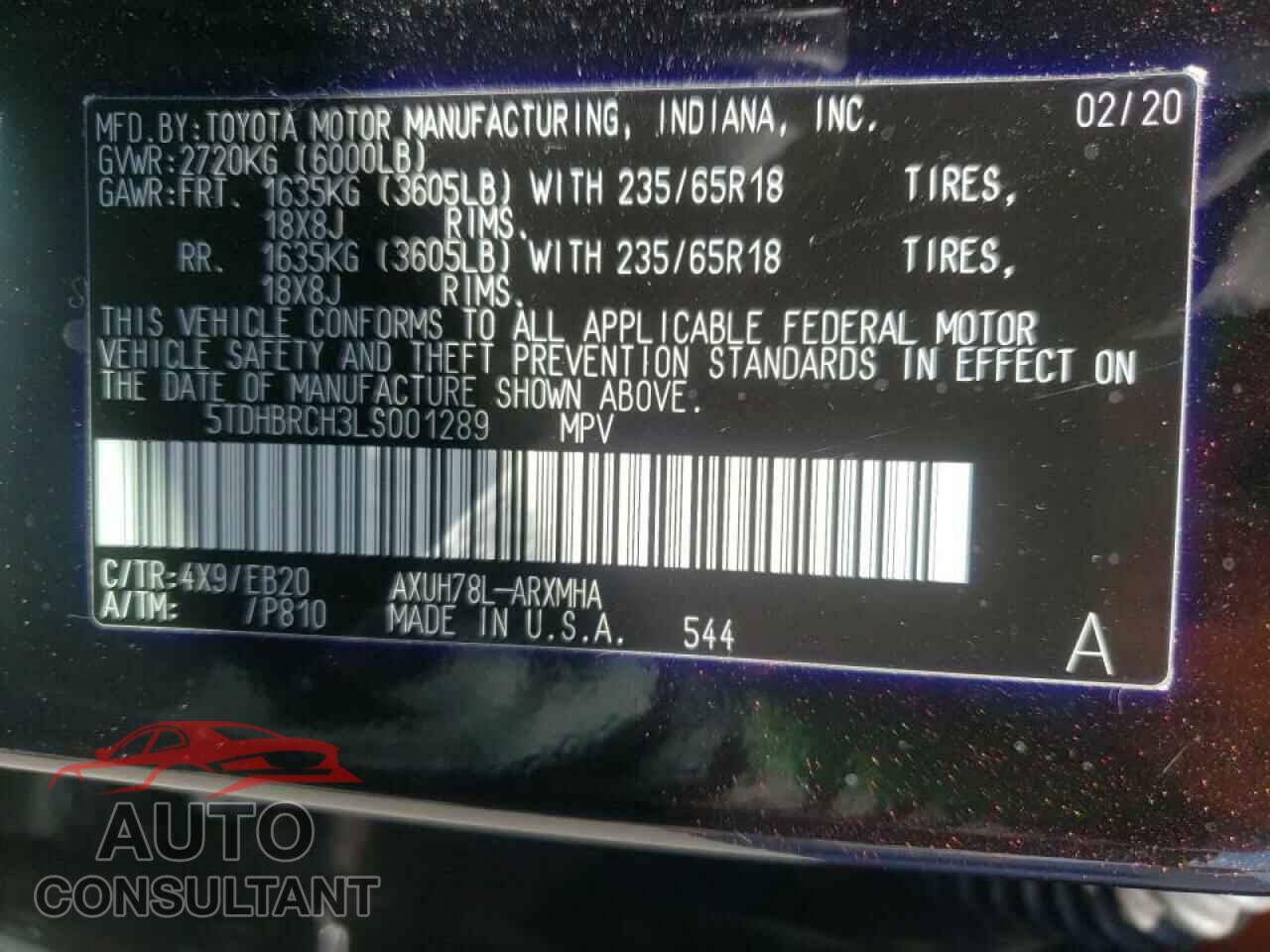TOYOTA HIGHLANDER 2020 - 5TDHBRCH3LS001289