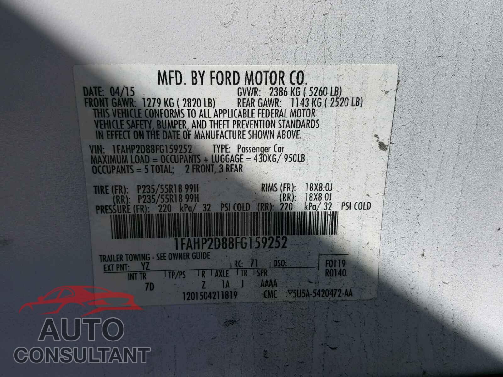 FORD TAURUS 2015 - 1FAHP2D88FG159252