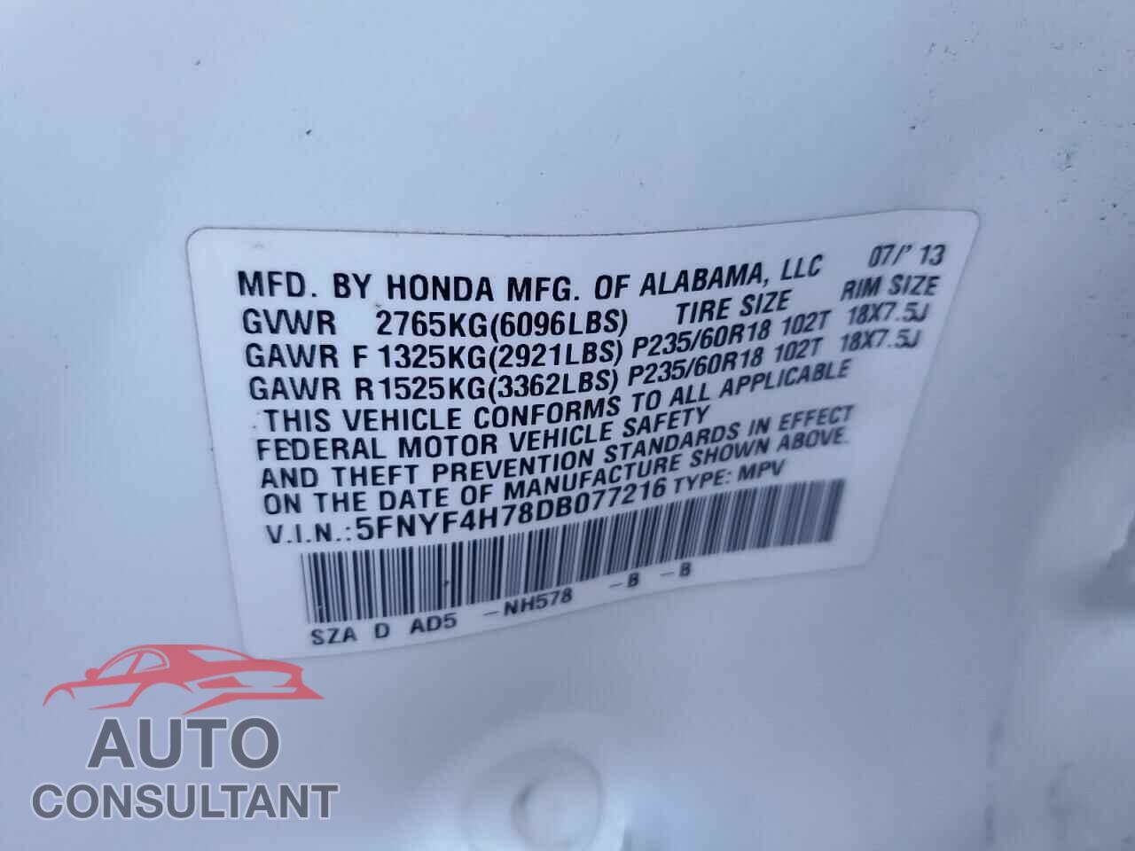 HONDA PILOT 2013 - 5FNYF4H78DB077216