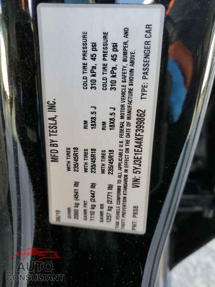 TESLA MODEL 3 2019 - 5YJ3E1EA4KF399862