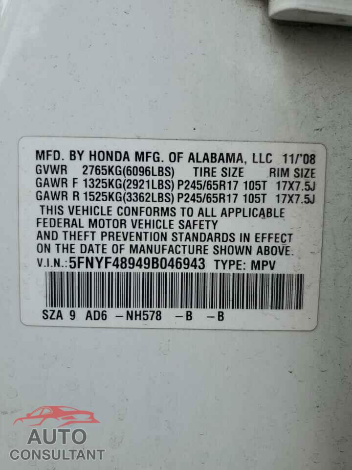 HONDA PILOT 2009 - 5FNYF48949B046943